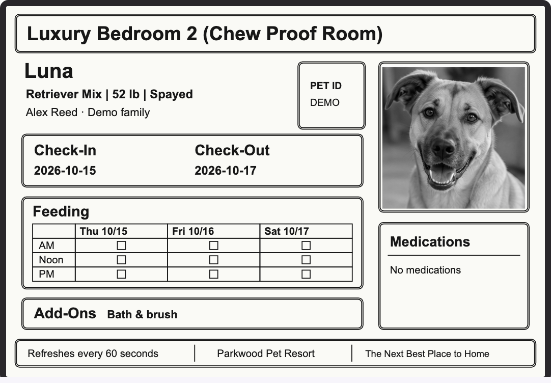 Inkplate 10 run-card firmware layout preview with fictional pet records