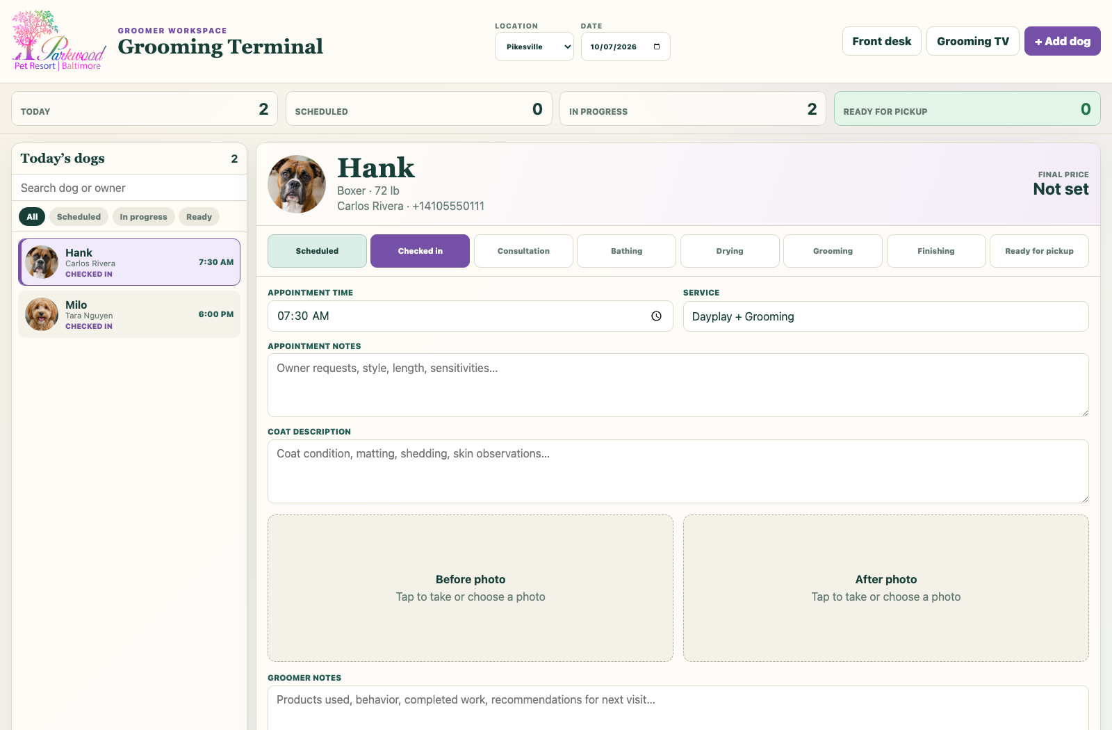 Native grooming terminal with today's dogs, progress stages, notes and photo upload areas