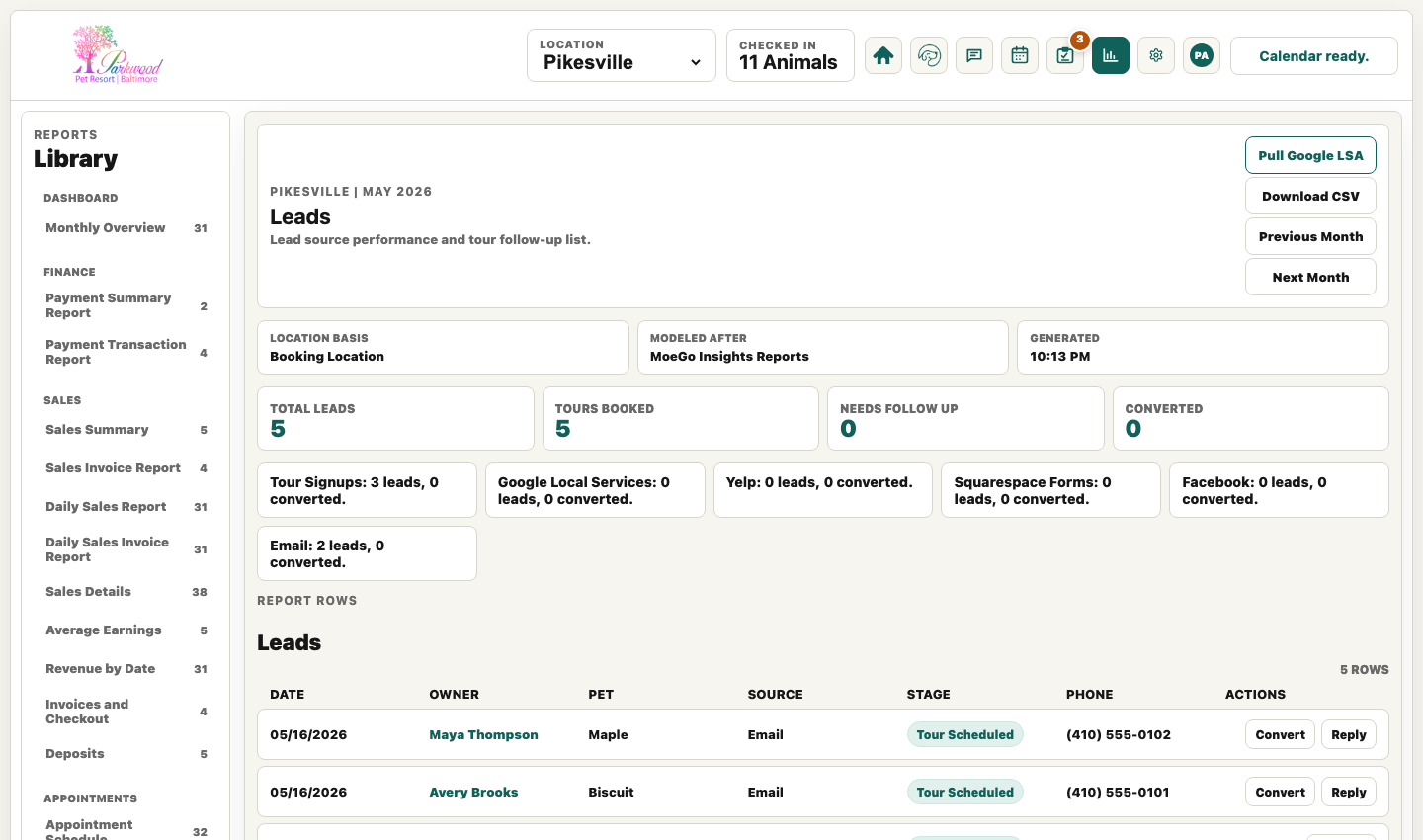 Lead report with Google Local Services, Yelp, Facebook, email, and tour sources