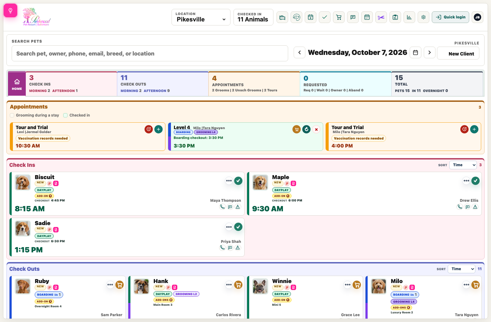 Pup's colorful operations board showing pet arrivals, appointments and pickups