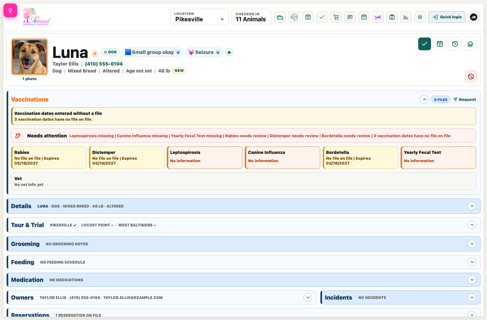 Luna's profile showing colorful tags, vaccination status and care sections