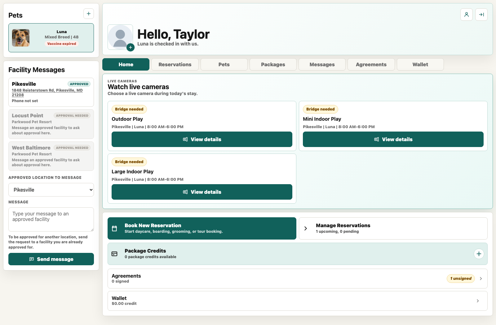 Parent portal with configured live camera choices; local demo shows bridge setup status