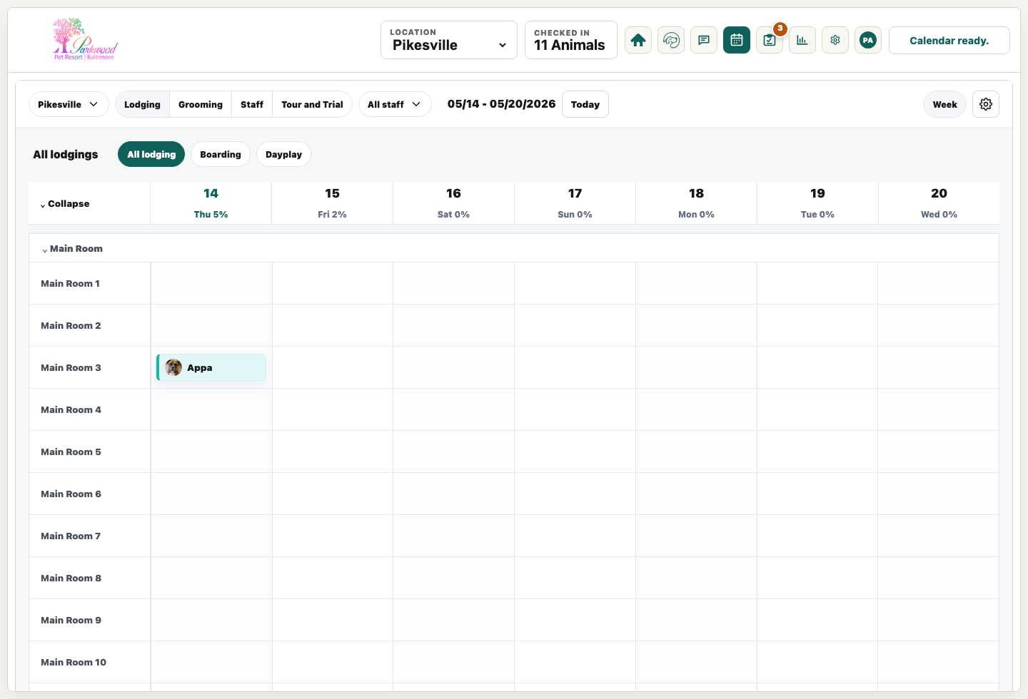Calendar view for lodging, grooming, staff, and tour scheduling